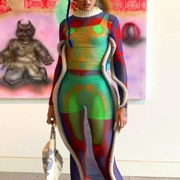 STASIA 3006: Infrared Body 5th Element Mesh Long Sleeve Maxi Dress - Picture 6 of 16